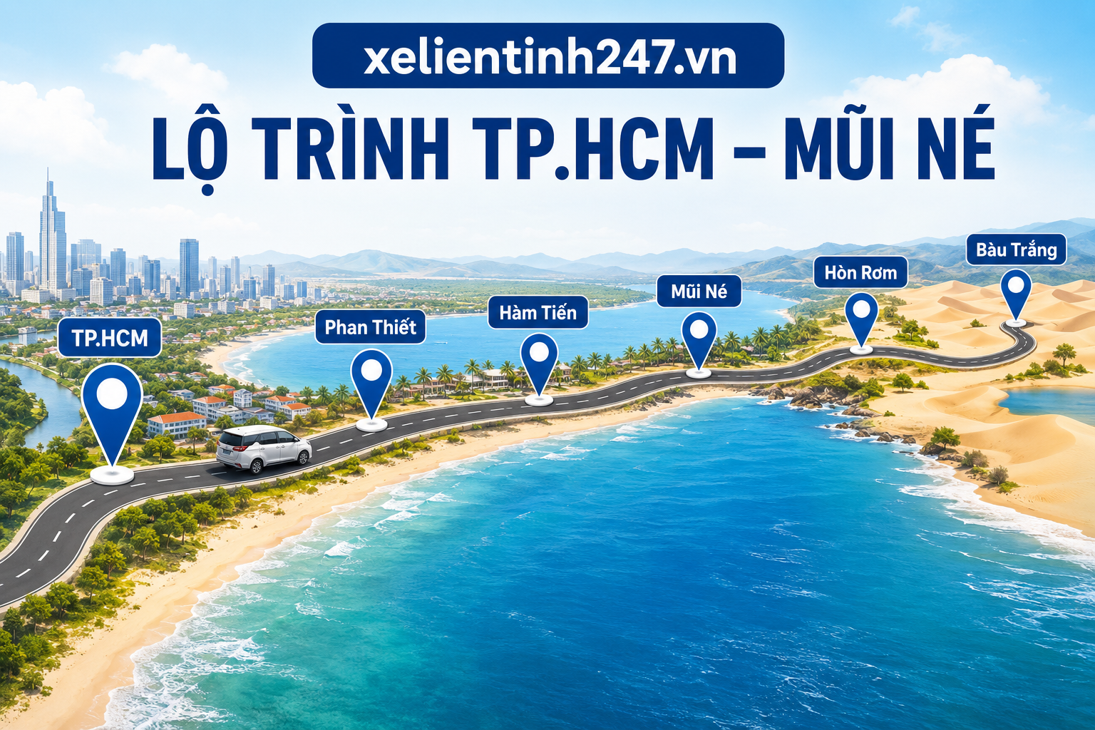 Ảnh minh họa lộ trình thuê xe 7 chỗ từ TP.HCM đi Mũi Né qua Phan Thiết, Hàm Tiến và Hòn Rơm.