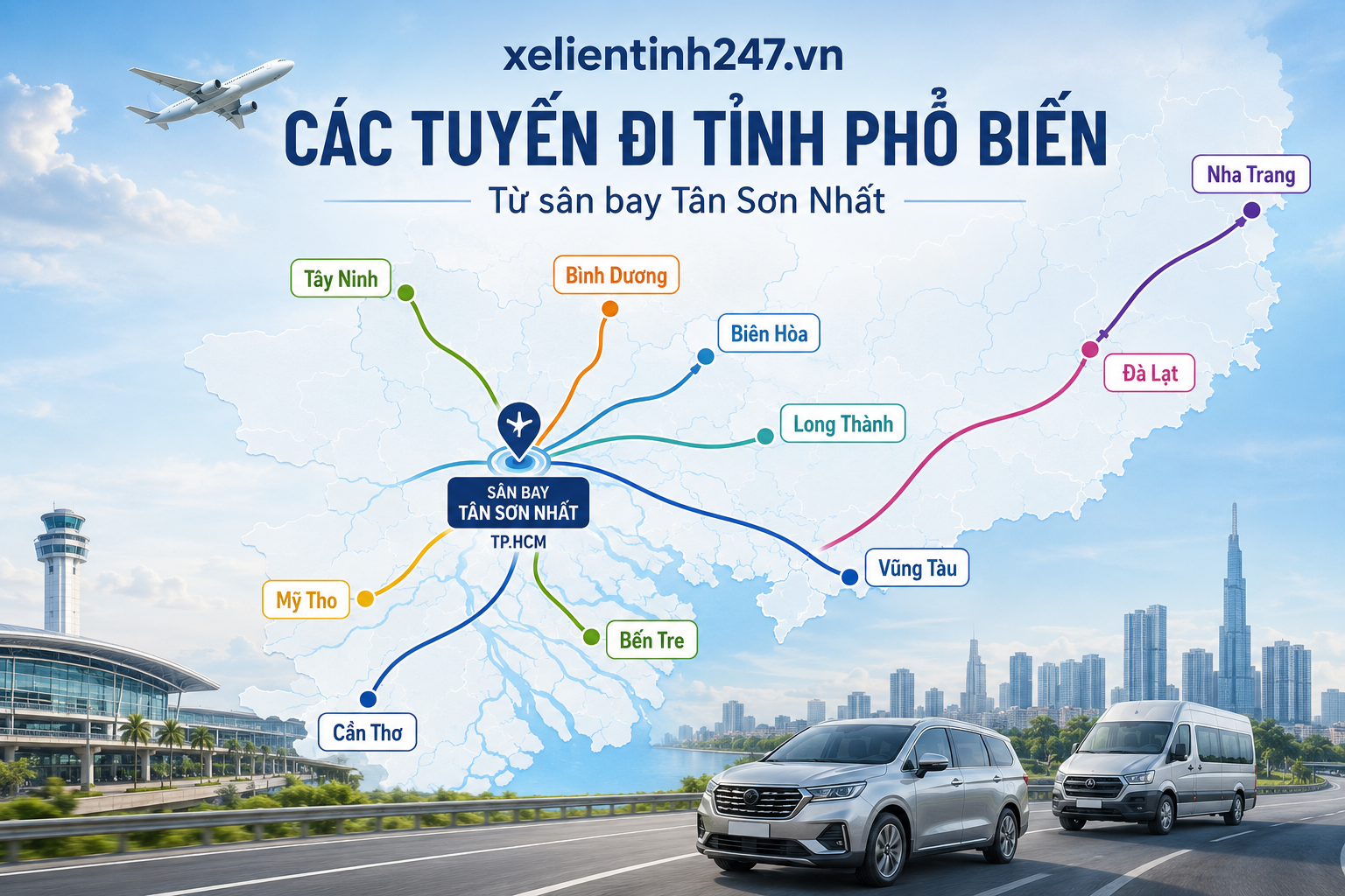 Bản đồ minh họa các tuyến đi tỉnh phổ biến từ sân bay Tân Sơn Nhất đến các tỉnh thành được đặt nhiều.