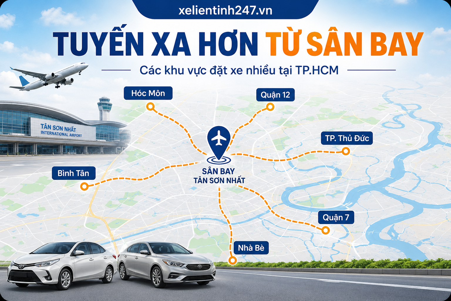 Bản đồ minh họa nhóm tuyến xa hơn từ sân bay Tân Sơn Nhất đến các khu vực ngoại vi TP.HCM.