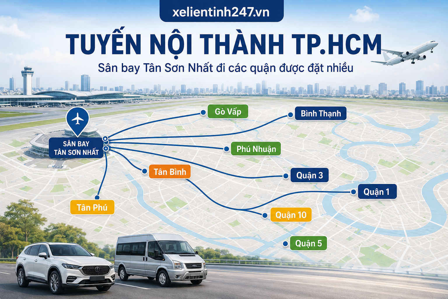 Bản đồ minh họa nhóm tuyến nội thành TP.HCM từ sân bay Tân Sơn Nhất đến các quận được đặt nhiều.