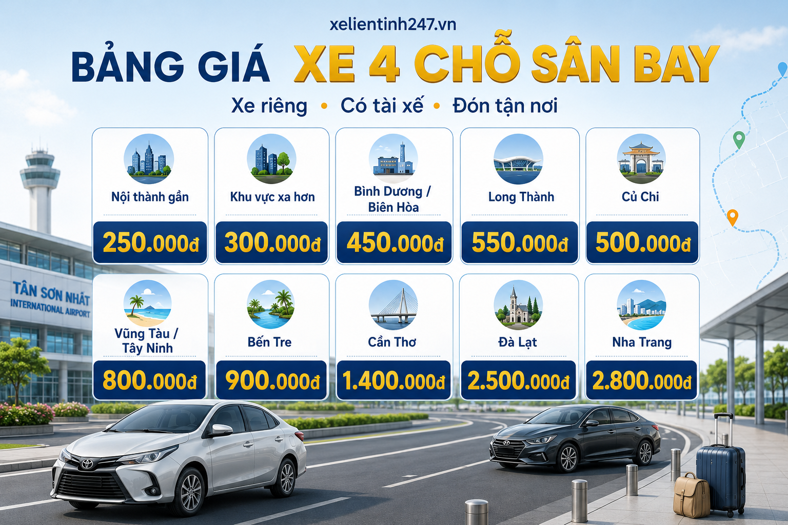 Bảng giá xe 4 chỗ đưa đón sân bay Tân Sơn Nhất, phù hợp khách đi ít người và hành lý gọn.