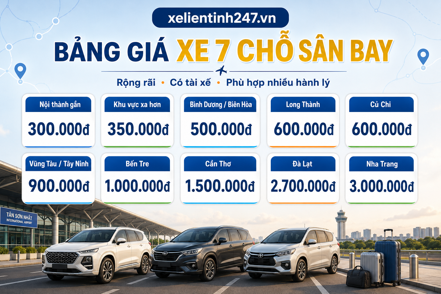 Bảng giá xe 7 chỗ đưa đón sân bay Tân Sơn Nhất, phù hợp gia đình, nhóm khách và người có nhiều hành lý.