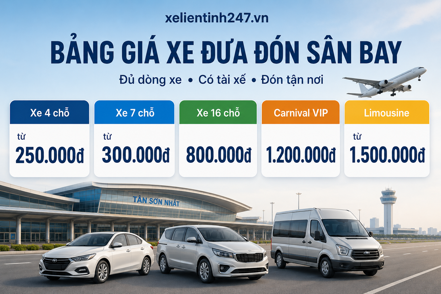 Bảng giá thuê xe đưa đón sân bay Tân Sơn Nhất theo từng dòng xe phổ biến.