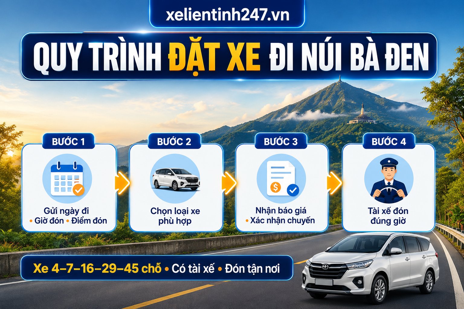 Quy trình đặt thuê xe đi Núi Bà Đen có tài xế tại Xe Liên Tỉnh 247