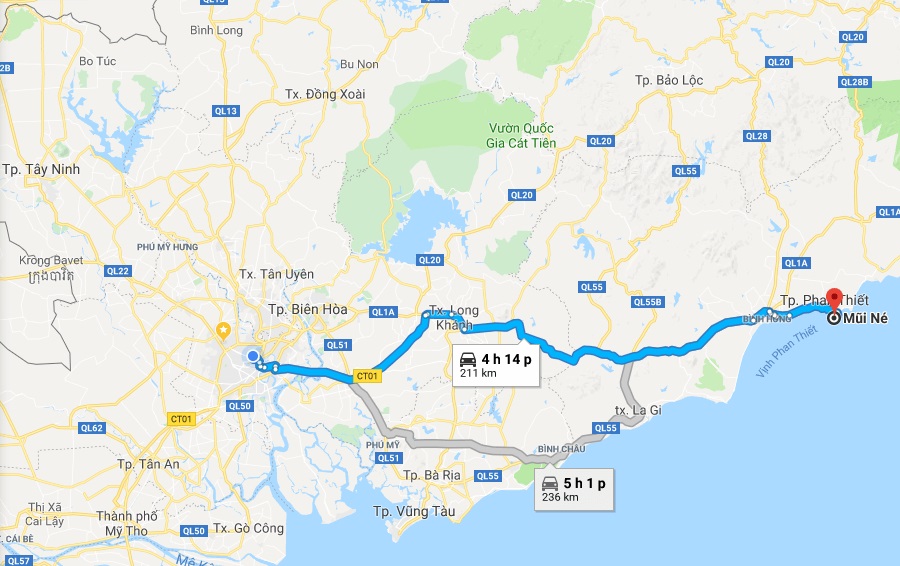 Lộ trình và thời gian di chuyển đi Phan Thiết